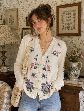 Vintage Tanjay Floral Cardigan Size M Sweater Mother Of Pearl Buttons